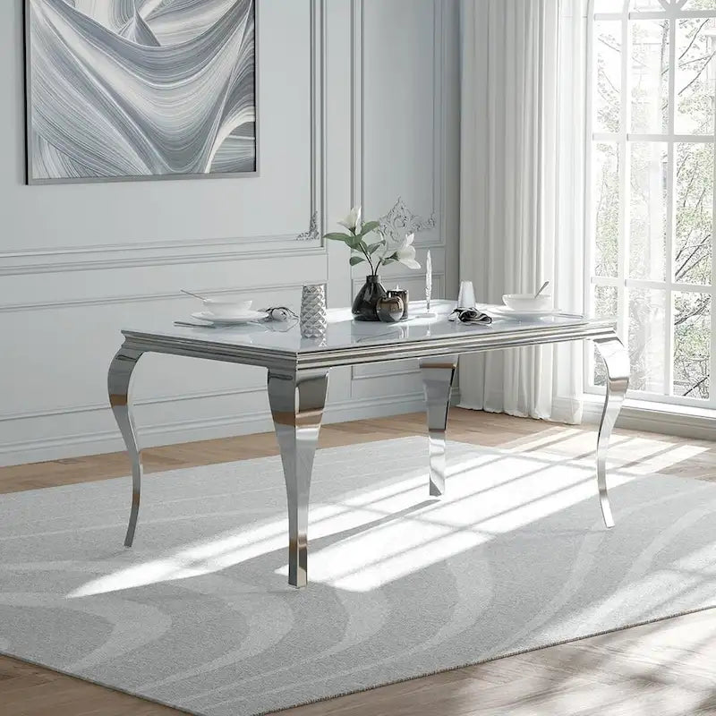 Table à manger moderne en verre de style mi-siècle avec pieds cabriole en métal