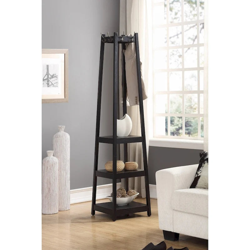 Appendiabiti singolo in legno bianco/nero/espresso con ripiani a 3 livelli