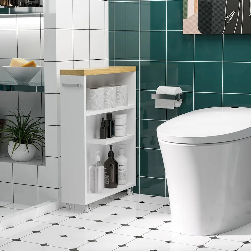 Mobiletto contenitore stretto da bagno a 3 ripiani, colore: bianco
