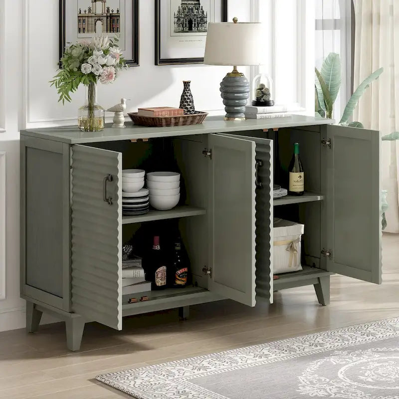 Buffet avec 4 portes et grand espace de rangement, étagères réglables et poignées en métal pour la cuisine, le salon et la salle à manger