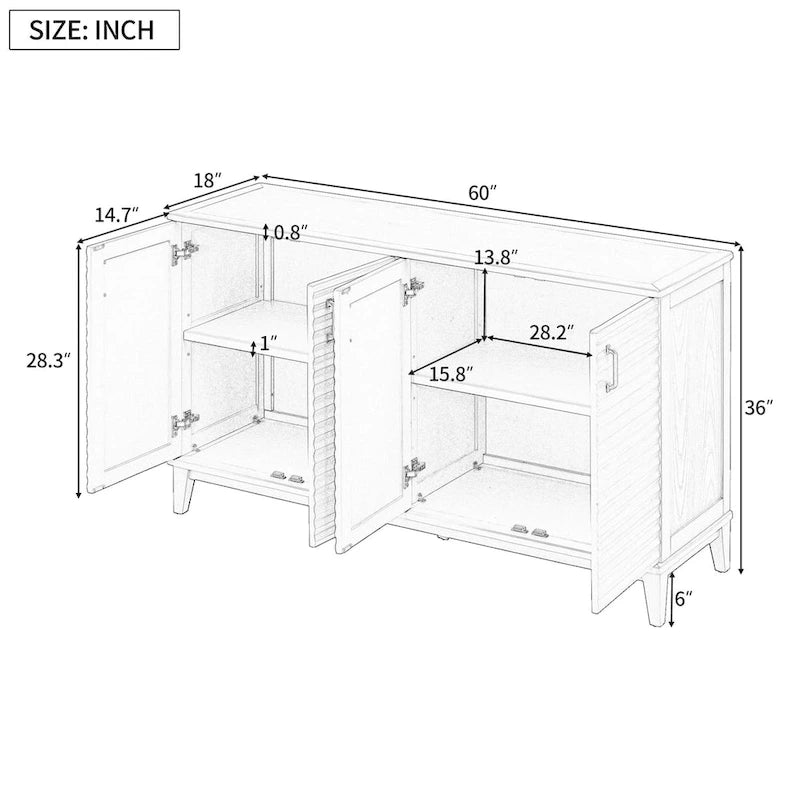 Sideboard mit 4 Türen, großem Stauraum, verstellbaren Einlegeböden und Metallgriffen für Küche, Wohnzimmer und Esszimmer