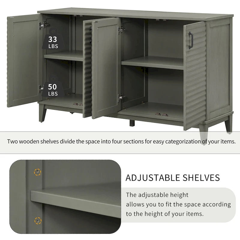 Buffet avec 4 portes et grand espace de rangement, étagères réglables et poignées en métal pour la cuisine, le salon et la salle à manger