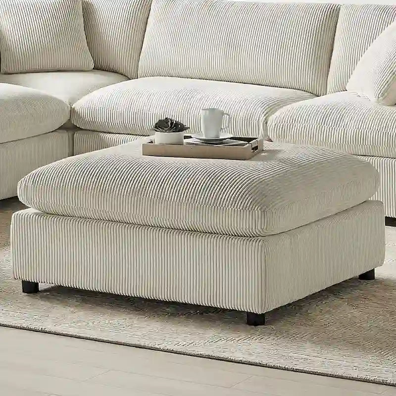 Pouf quadrato beige/antracite, velluto a coste o tessuto, seduta singola