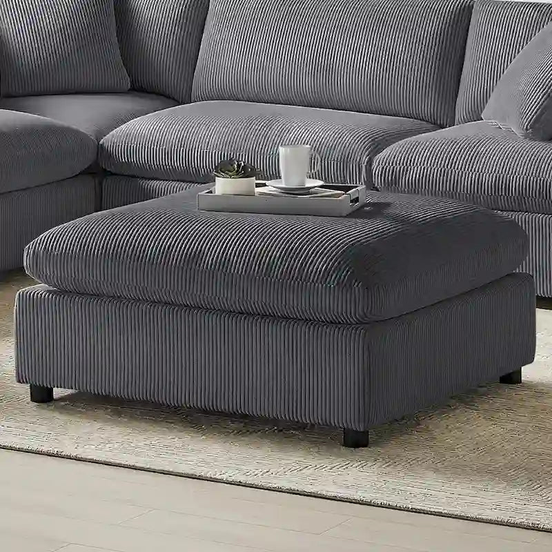 Pouf quadrato beige/antracite, velluto a coste o tessuto, seduta singola