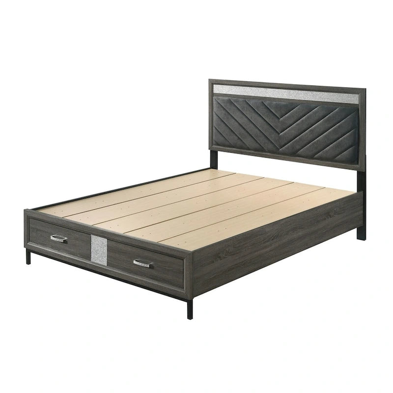 Letto con piattaforma contenitore e testiera imbottita Chevron grigio, 1–2 persone
