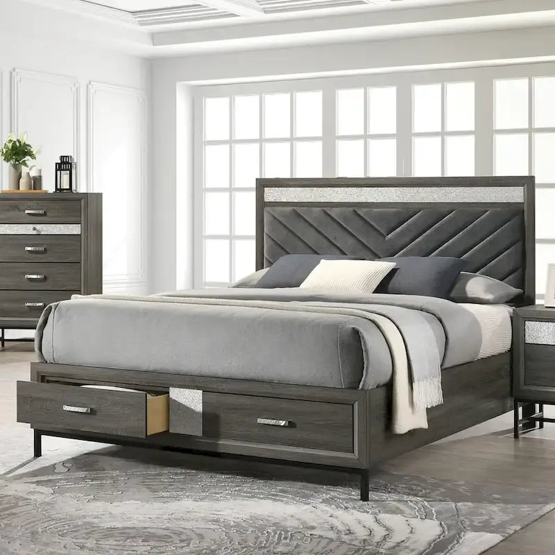Letto con piattaforma contenitore e testiera imbottita Chevron grigio, 1–2 persone