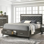 Letto con piattaforma contenitore e testiera imbottita Chevron grigio, 1–2 persone