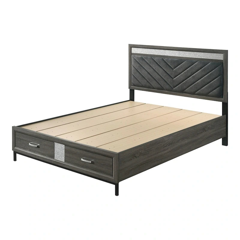 Letto con piattaforma contenitore e testiera imbottita Chevron grigio, 1–2 persone