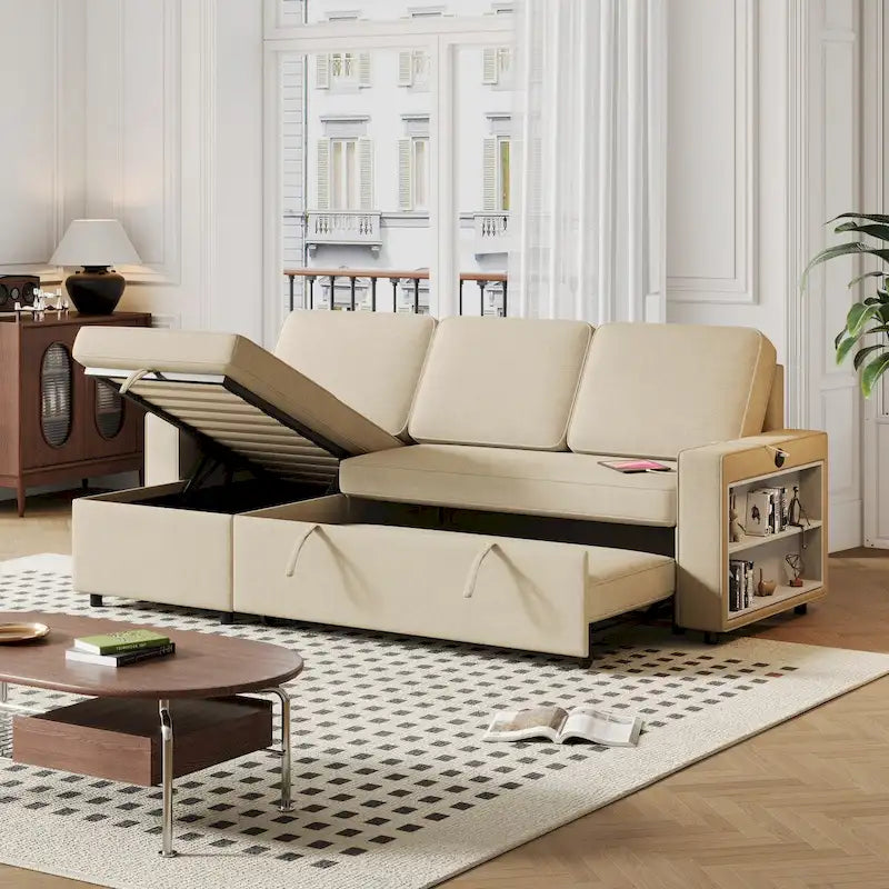 Canapé-lit beige en L avec méridienne de rangement et port USB