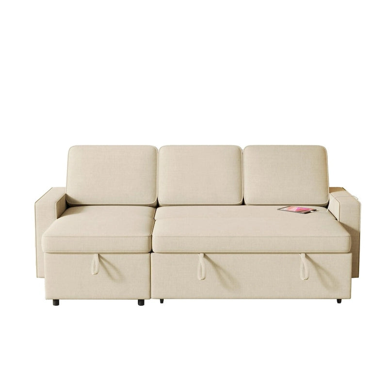 Divano letto beige a L con chaise longue contenitore e porta USB