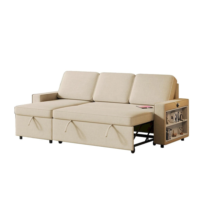 Divano letto beige a L con chaise longue contenitore e porta USB