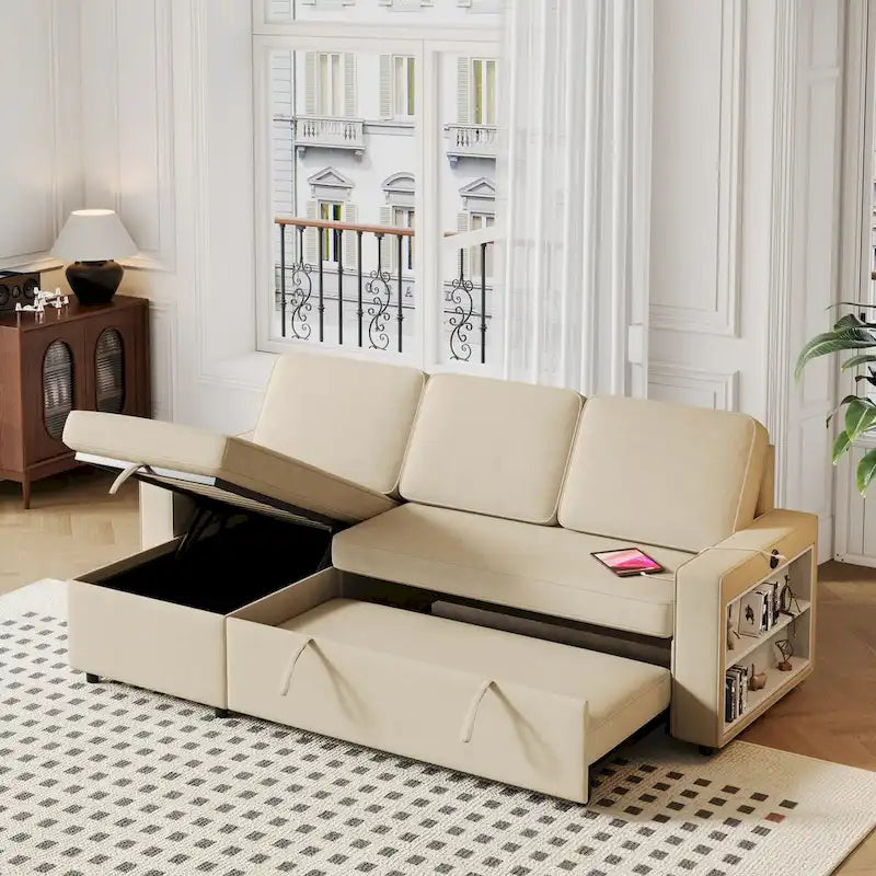 Canapé-lit beige en L avec méridienne de rangement et port USB