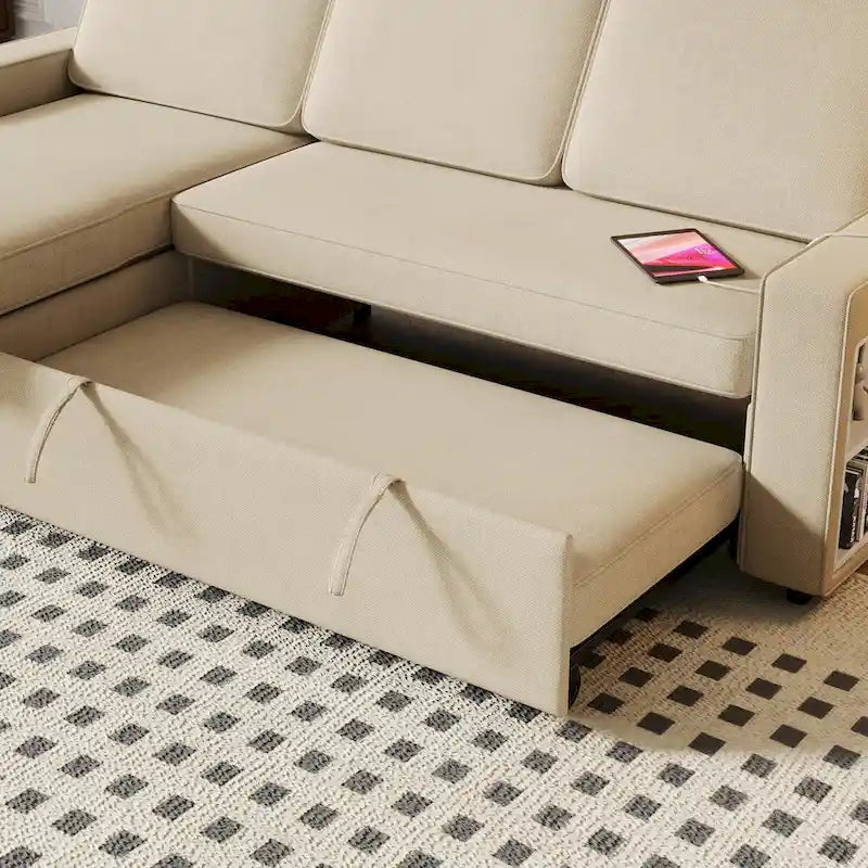 Canapé-lit beige en L avec méridienne de rangement et port USB