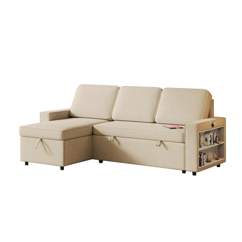 Canapé-lit beige en L avec méridienne de rangement et port USB
