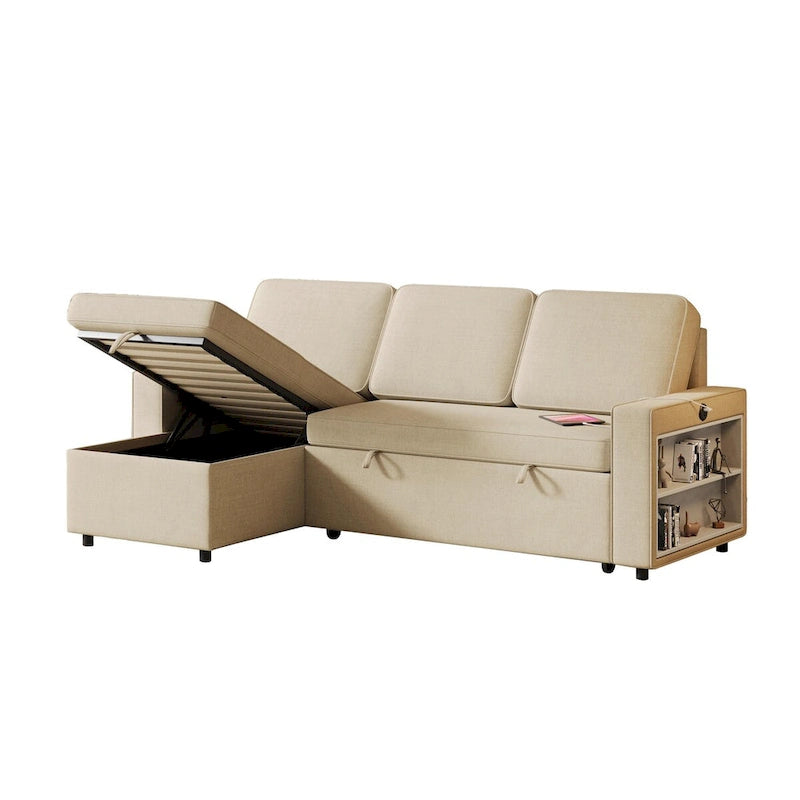 Canapé-lit beige en L avec méridienne de rangement et port USB