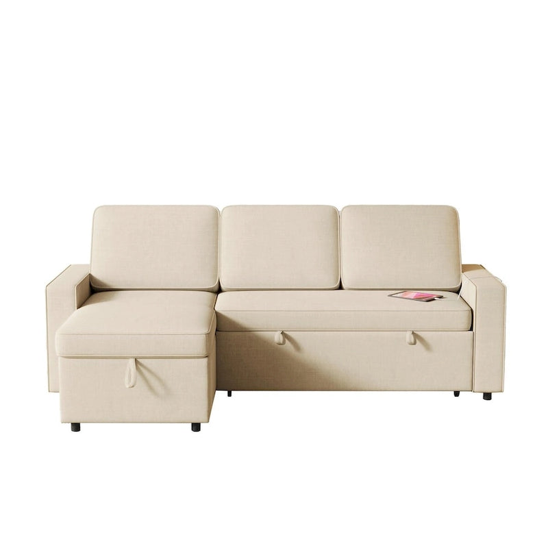 Canapé-lit beige en L avec méridienne de rangement et port USB