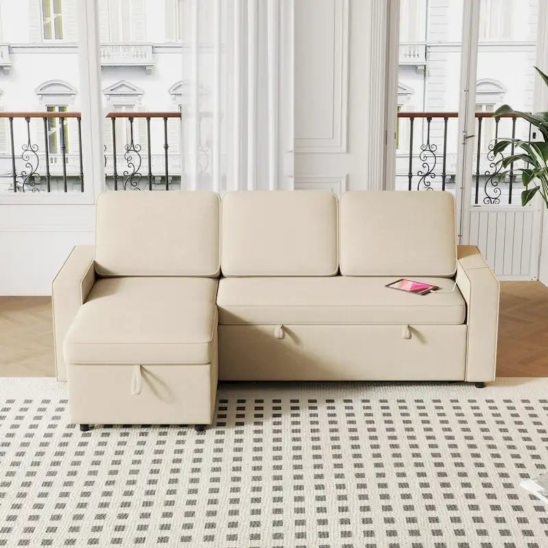 Canapé-lit beige en L avec méridienne de rangement et port USB