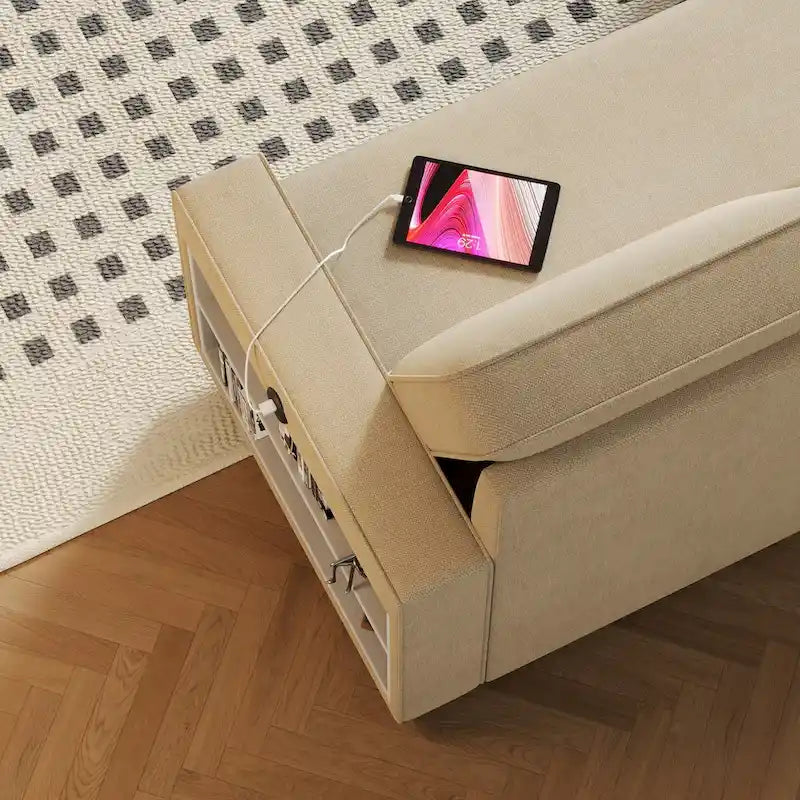 Canapé-lit beige en L avec méridienne de rangement et port USB