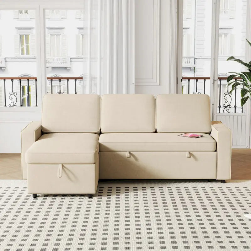 Canapé-lit beige en L avec méridienne de rangement et port USB