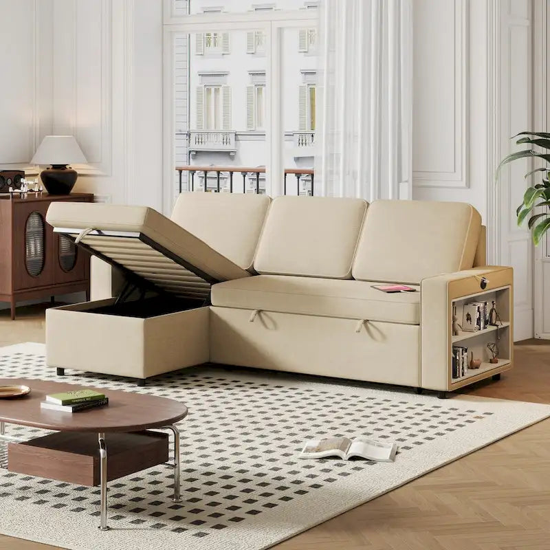 Canapé-lit beige en L avec méridienne de rangement et port USB