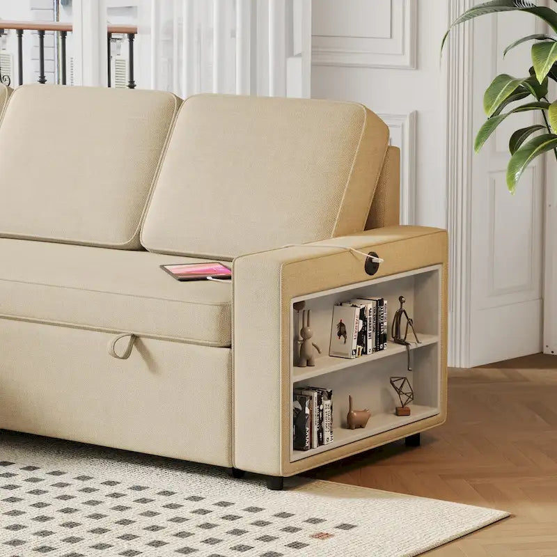 Canapé-lit beige en L avec méridienne de rangement et port USB