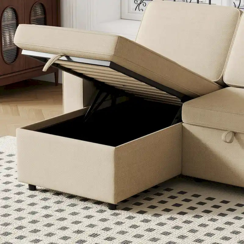 Canapé-lit beige en L avec méridienne de rangement et port USB