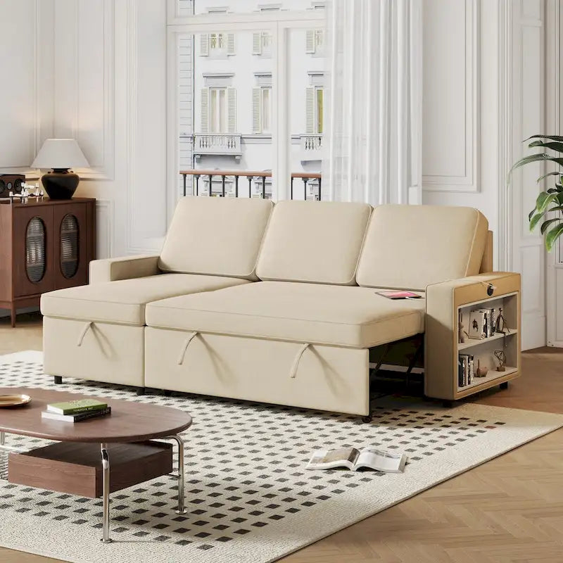 Canapé-lit beige en L avec méridienne de rangement et port USB