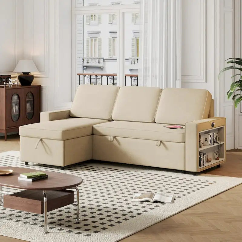 Canapé-lit beige en L avec méridienne de rangement et port USB