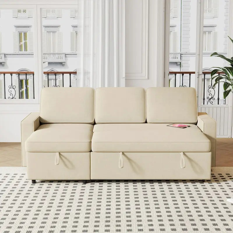 Canapé-lit beige en L avec méridienne de rangement et port USB