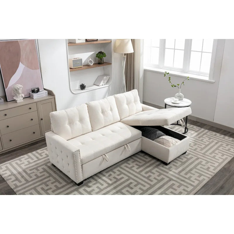 Divano componibile trasformabile a L color beige con contenitore, 2 posti