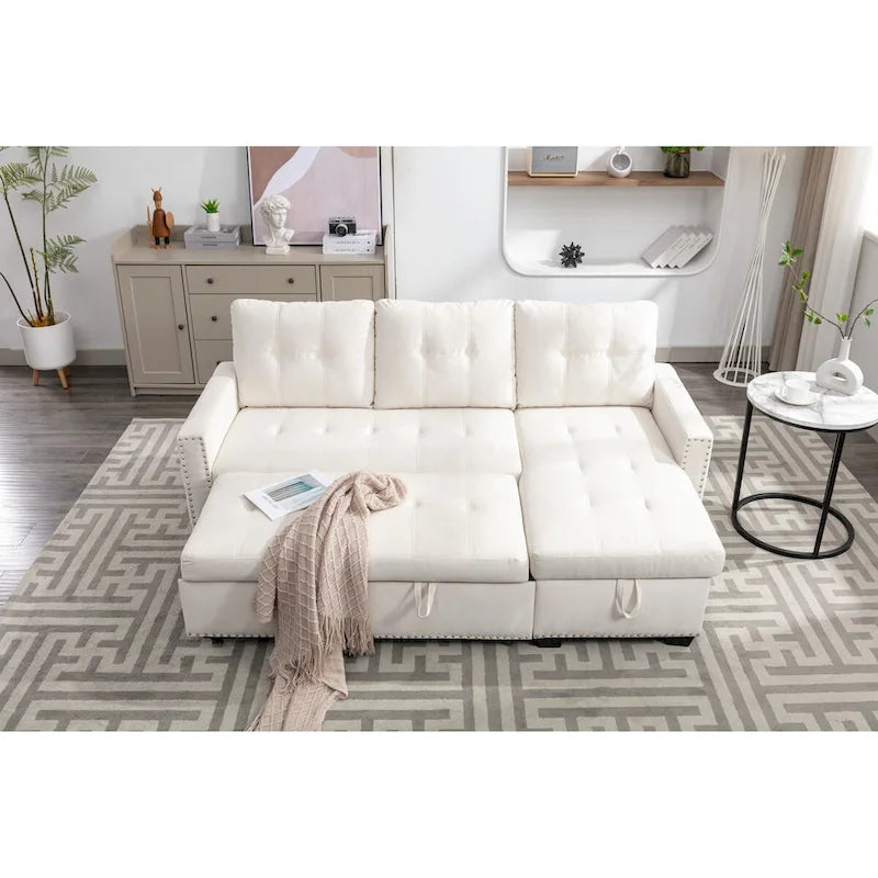 Divano componibile trasformabile a L color beige con contenitore, 2 posti