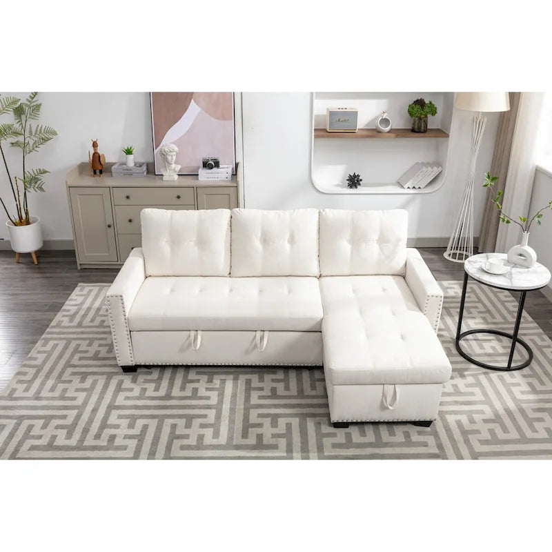 Divano componibile trasformabile a L color beige con contenitore, 2 posti