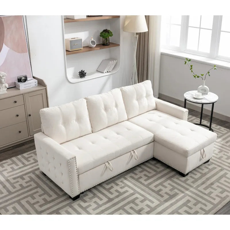 Divano componibile trasformabile a L color beige con contenitore, 2 posti