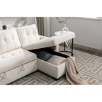 Divano componibile trasformabile a L color beige con contenitore, 2 posti