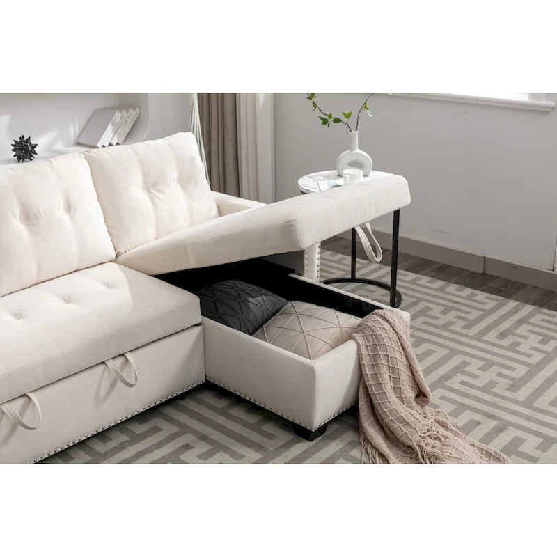 Divano componibile trasformabile a L color beige con contenitore, 2 posti
