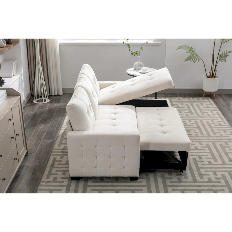 Divano componibile trasformabile a L color beige con contenitore, 2 posti