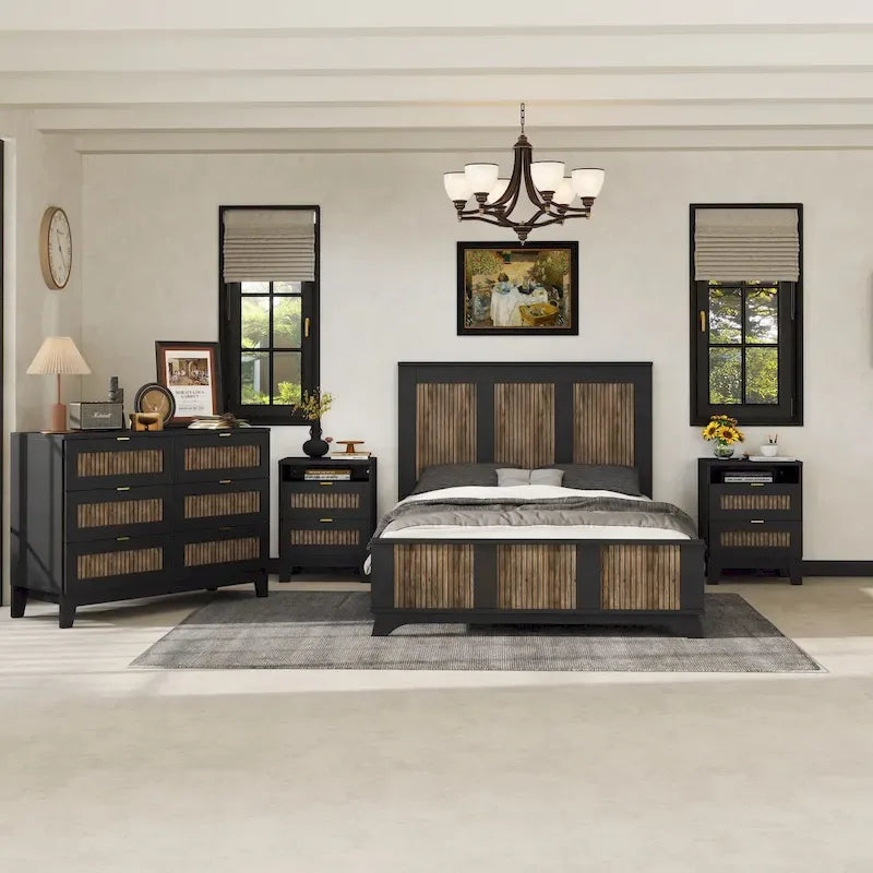 Set Camera da Letto in Stile Fattoria Bianco/Nero da 4 Pezzi per 2 – Misura Matrimoniale