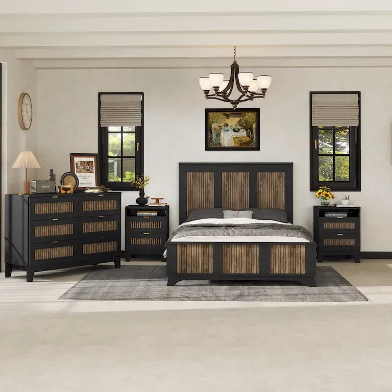 Set Camera da Letto in Stile Fattoria Bianco/Nero da 4 Pezzi per 2 – Misura Matrimoniale