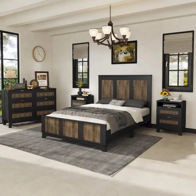 Set Camera da Letto in Stile Fattoria Bianco/Nero da 4 Pezzi per 2 – Misura Matrimoniale