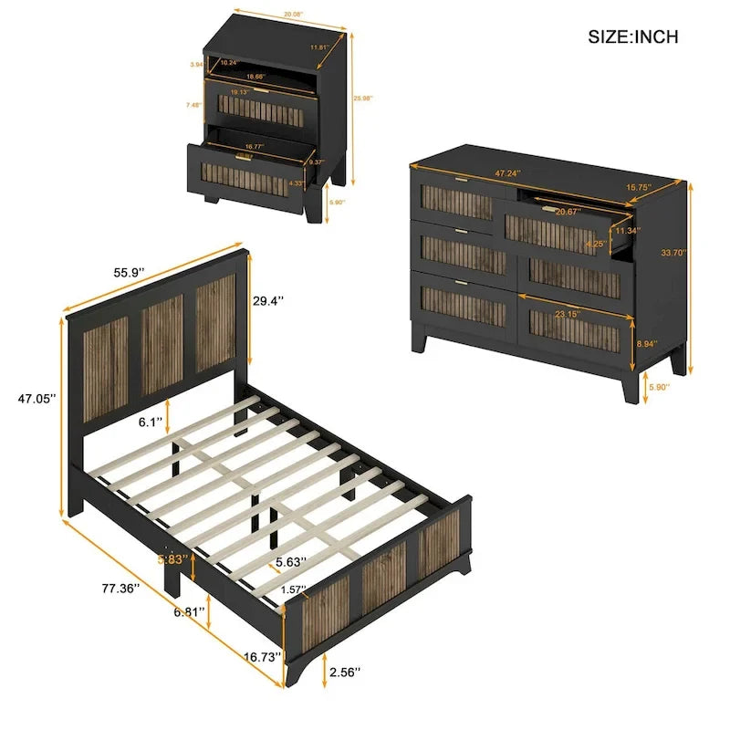 Set Camera da Letto in Stile Fattoria Bianco/Nero da 4 Pezzi per 2 – Misura Matrimoniale