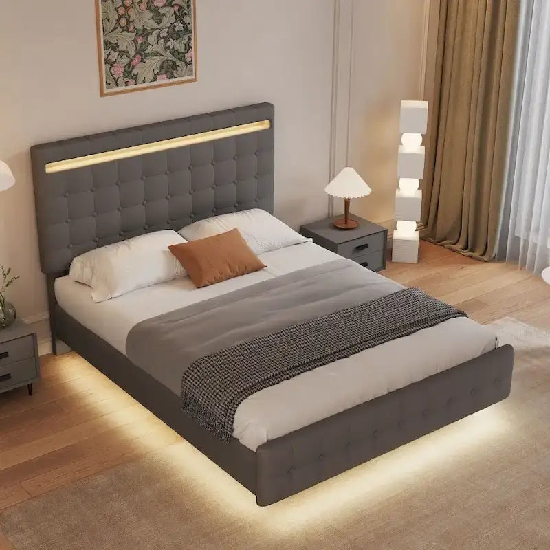 Letto a piattaforma "floating" imbottito grigio, Queen, 1 persona