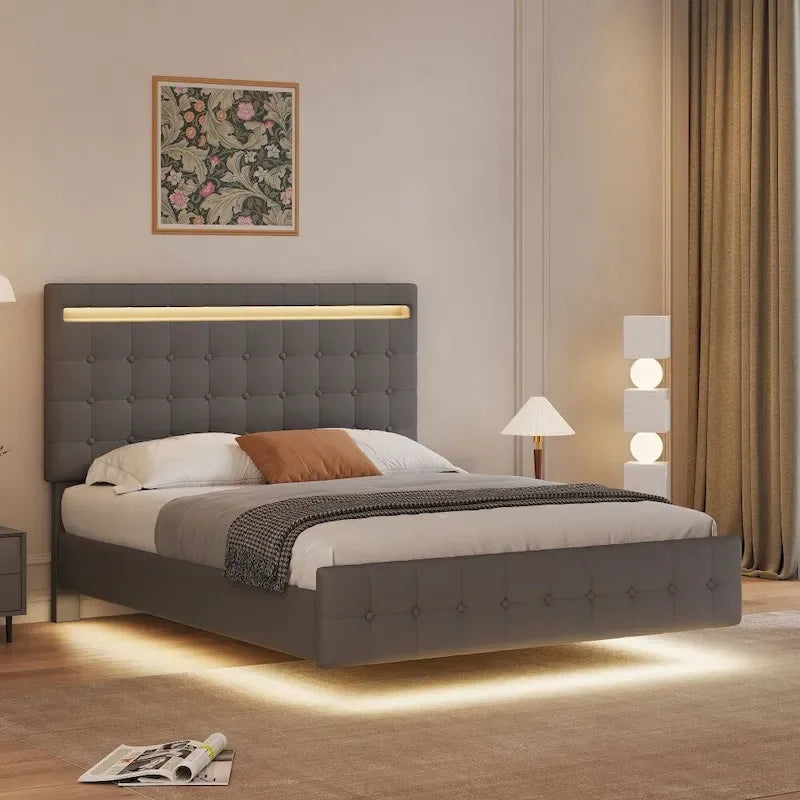 Letto a piattaforma "floating" imbottito grigio, Queen, 1 persona