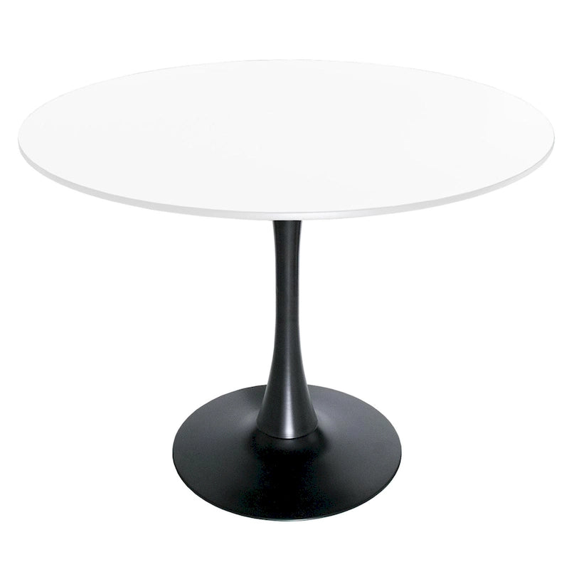 Tavolo da pranzo rotondo bianco / nero / bianco marmorizzato per 4 persone, base a piedistallo, piano in MDF