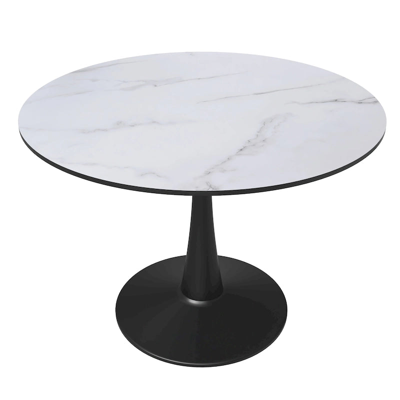 Tavolo da pranzo rotondo bianco / nero / bianco marmorizzato per 4 persone, base a piedistallo, piano in MDF