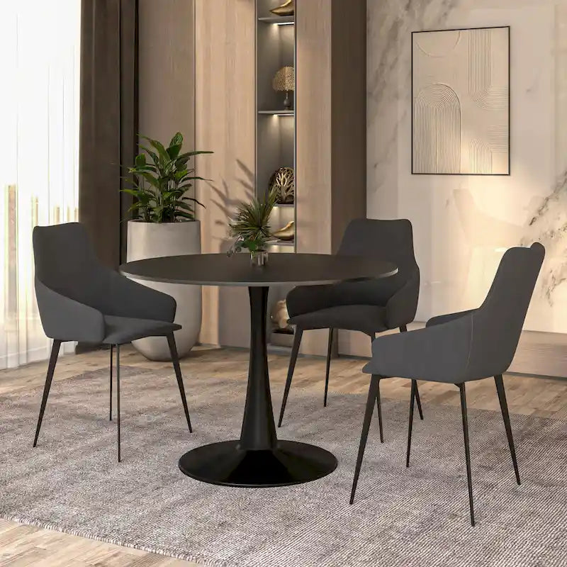Tavolo da pranzo rotondo bianco / nero / bianco marmorizzato per 4 persone, base a piedistallo, piano in MDF
