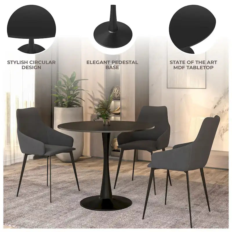 Tavolo da pranzo rotondo bianco / nero / bianco marmorizzato per 4 persone, base a piedistallo, piano in MDF