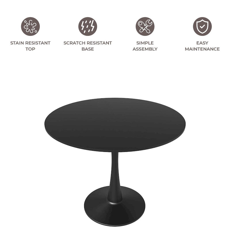 Tavolo da pranzo rotondo bianco / nero / bianco marmorizzato per 4 persone, base a piedistallo, piano in MDF