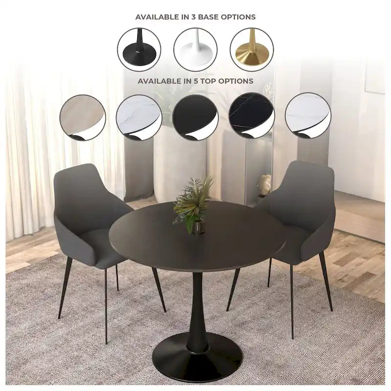 Tavolo da pranzo rotondo bianco / nero / bianco marmorizzato per 4 persone, base a piedistallo, piano in MDF