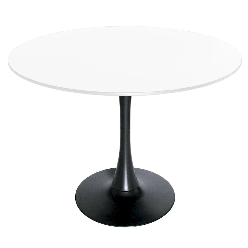 Tavolo da pranzo rotondo bianco / nero / bianco marmorizzato per 4 persone, base a piedistallo, piano in MDF