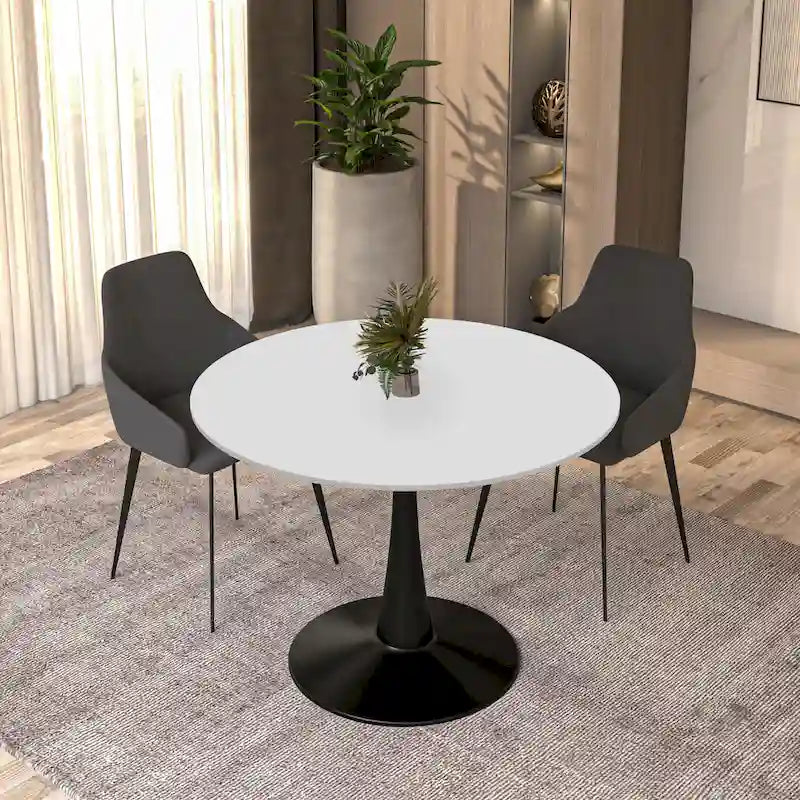 Tavolo da pranzo rotondo bianco / nero / bianco marmorizzato per 4 persone, base a piedistallo, piano in MDF